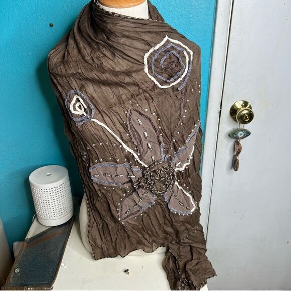 Pretty Angel linen polyester cotton blend chocolate brown beaded embroidered - Picture 1 of 7